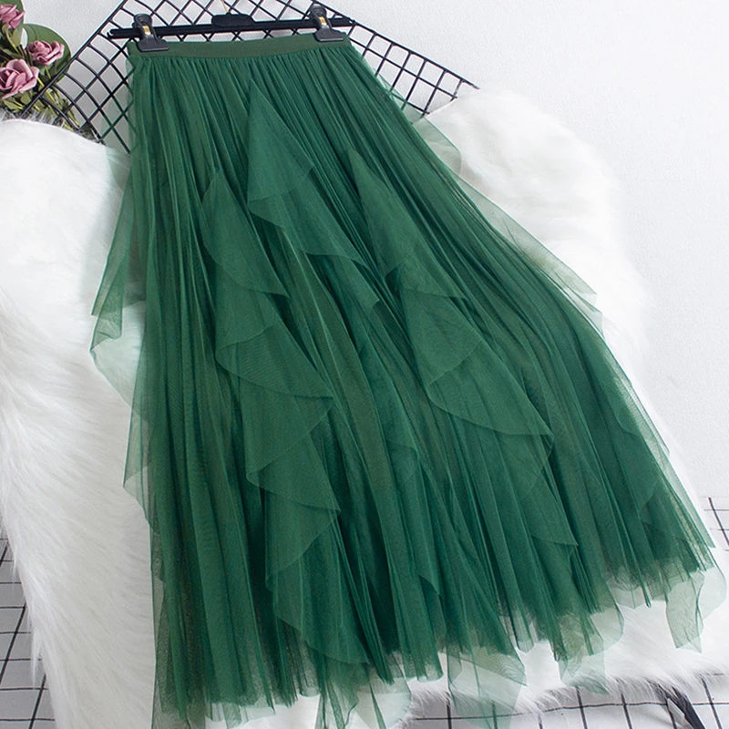 TIGENA Fashion Ruffles Tutu Tulle Skirt Women Korean Casual Solid A Line High Waist Pleated Midi Long Female Green Pink | Женская одежда