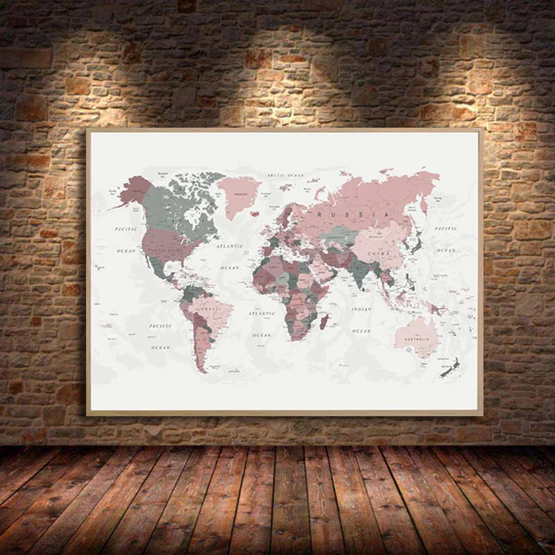 

World Map Canvas Painting Posters Blush Pink & Hunter Green Map Prints Modern Wall Art Picture Living Room Home Decor Unframed