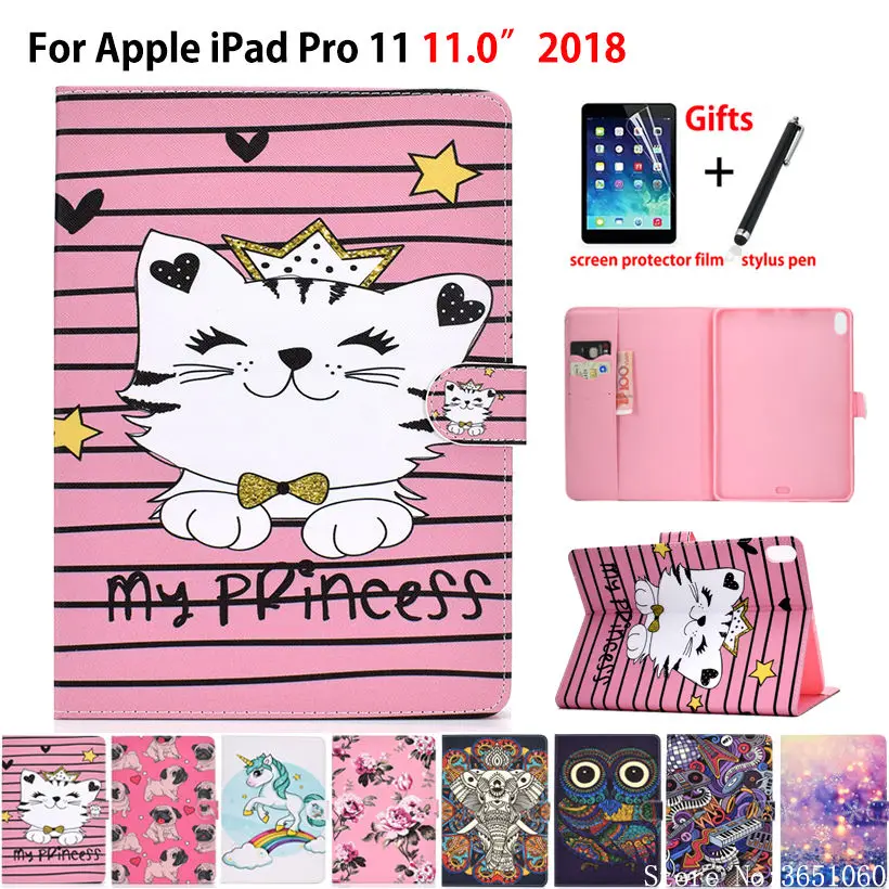 

Case For iPad Pro 11 Pro11 2018 Smart Cover A1980 A1979 A1934 A2013 Funda Tablet Cartoon Animal Pattern Flip Stand Shell +Gift