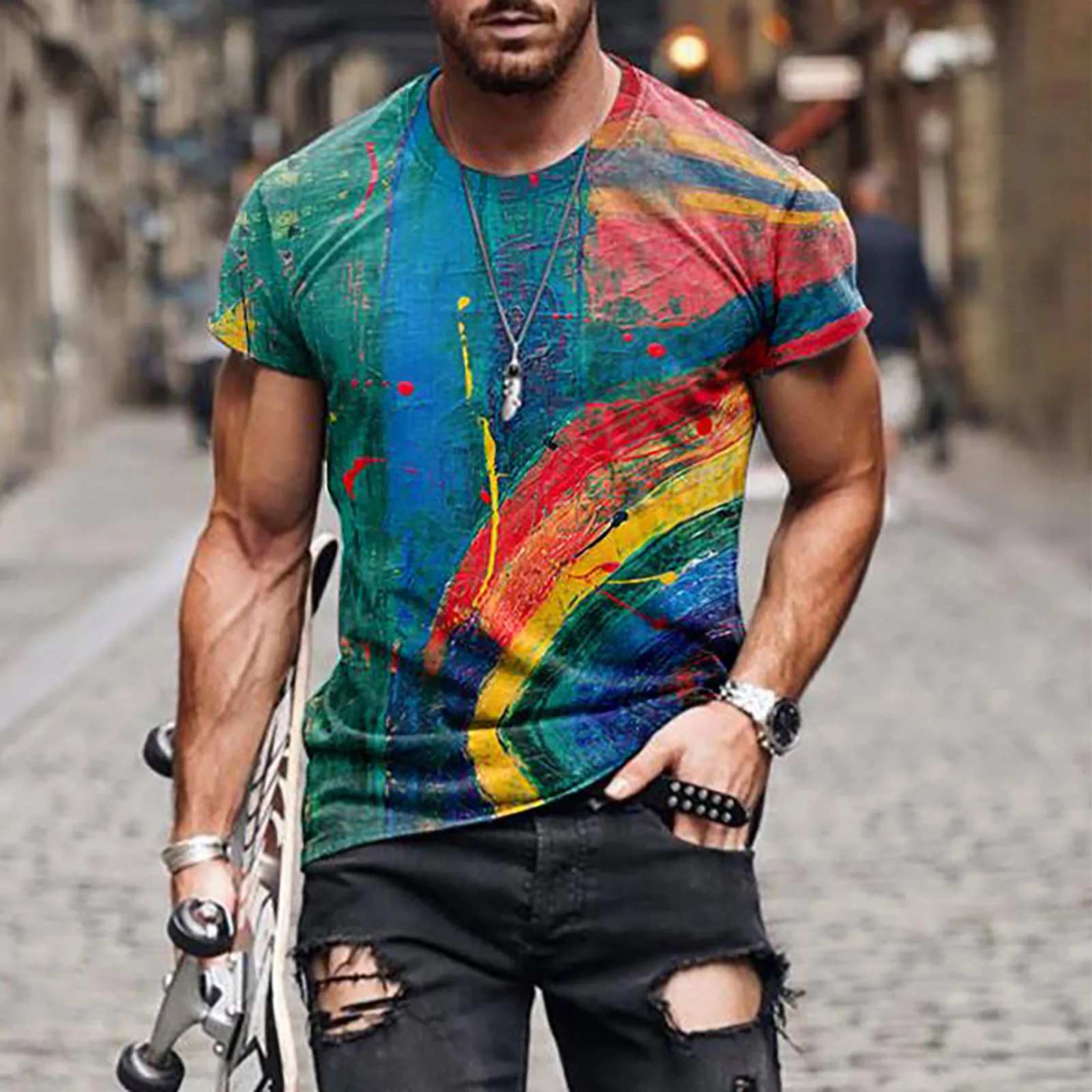 Mens Cool Sleeveless T-Shirt Cotton Short-Sleeve Tank Rainbow Horse Clip Art Printed