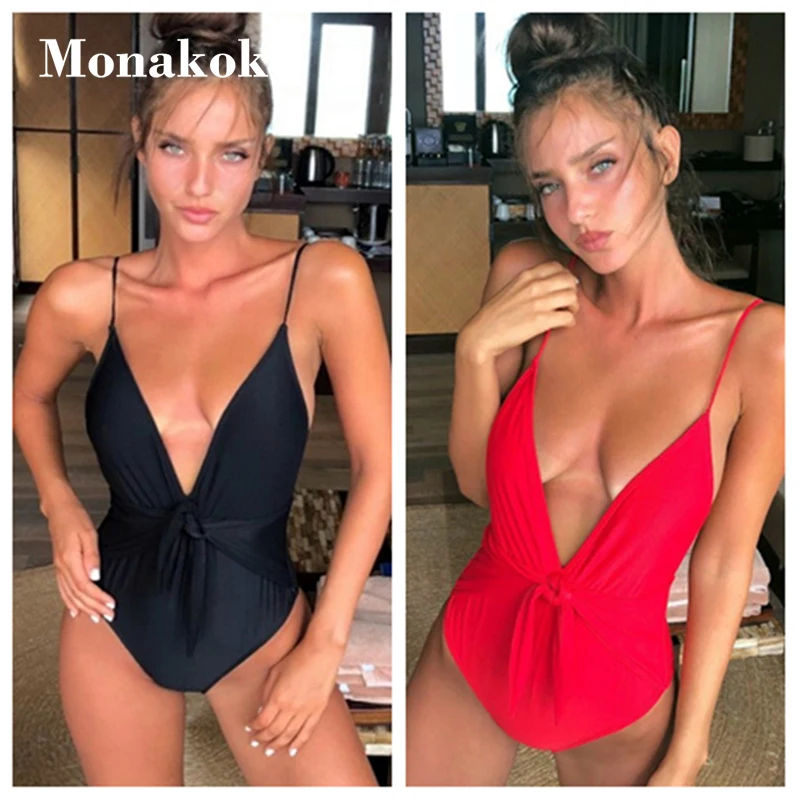 

2019 Sexy Swimsuit Deep V High Cut Women One Piece Swimwear Bikini Red Black Bandage Monokini Bathing Suit Push Up Swimsuits