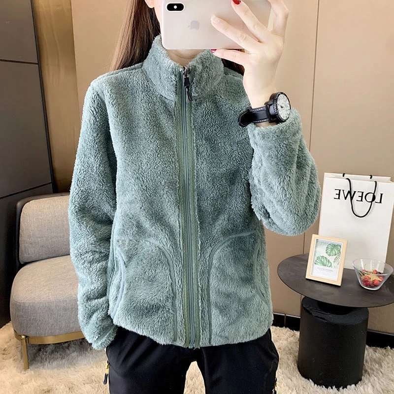 Chaquetas de lana Polar de Coral para mujer, abrigos cálidos de doble cara para exteriores, Sudadera de con cremallera, cárdigan informal de invierno|chaquetas básicas| -