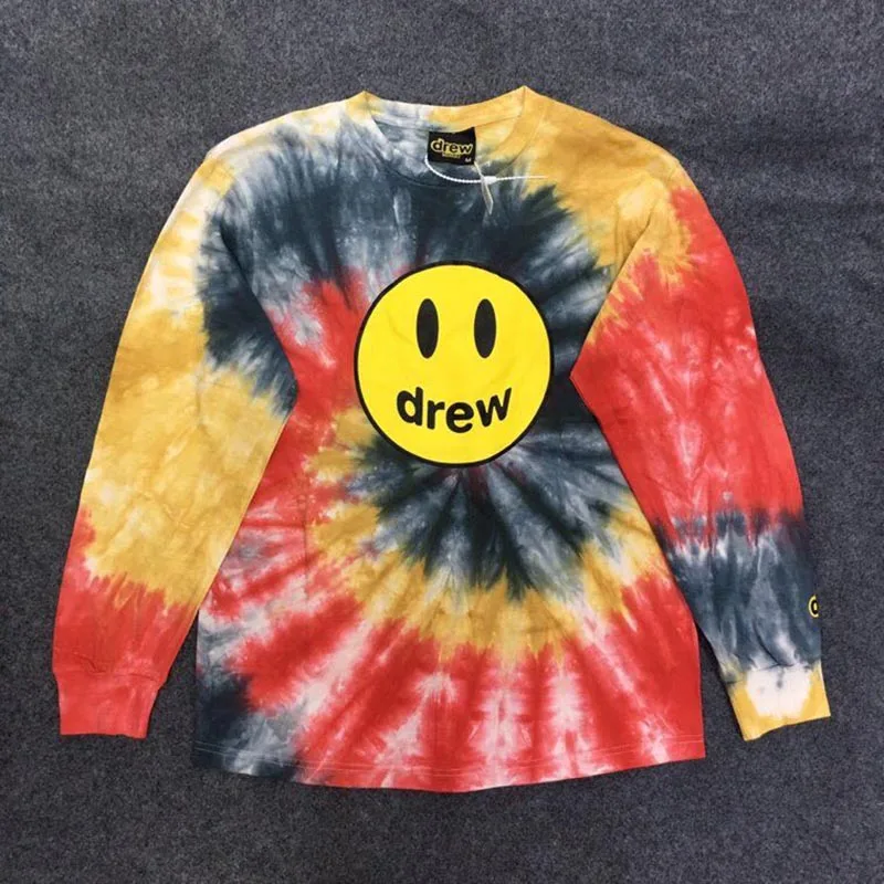 Крашеная футболка Drew House Smile Tie для мужчин и женщин, свободная повседневная футболка с длинным рукавом и круглым вырезом, уличная футболка с покемонами