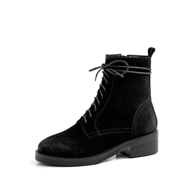 

Genuine Leather boots Women low heels Ankle Boots Winter Punk Cross-tied Riding Boots Quality Night Club Shoes Woman