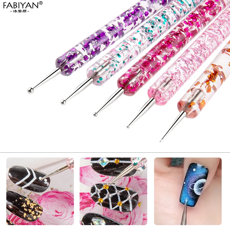 5Pcs Set UV Gel Painting Nail Art Dotting Pen Acrylic Handle Rhinestone Crystal 2 Way Brush Salon Decoration Manicure Tools Kit 6