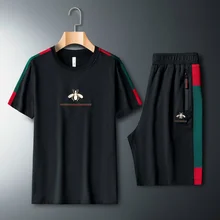 Loose Tracksuit New Short Sleeve Sports Men Suit Slim Hot 2-Piece Sets Patchwork Printed Men's Summer O-Neck All-match Shirts