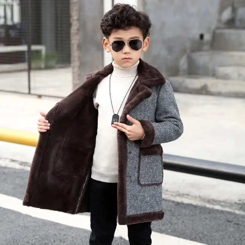 Children Casual Woolen Coat Fall Winter Boys Handsome Plush Velvet Heavy Outerwear Clothes Kids Splicing Pocket Trench Coat