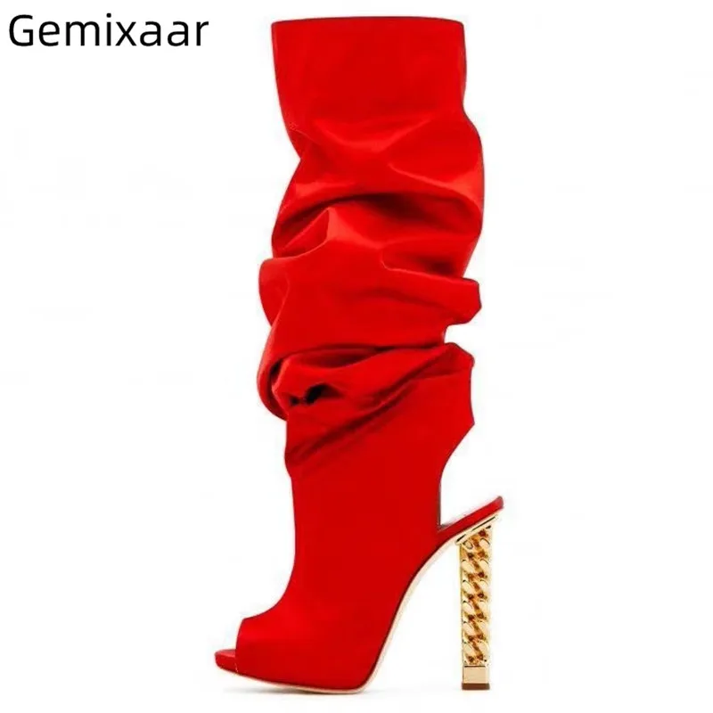

Autumn Spring Long Boots Woman Fish Mouth Pleated Design Metal Strange High Heel Bottes Cool Fashion Walking Boots Woman Mujer