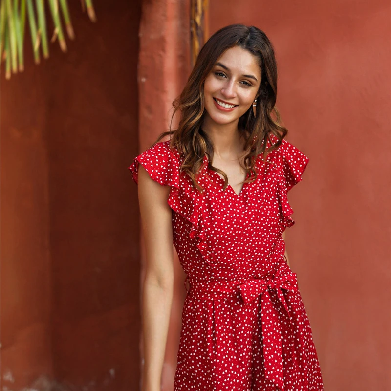 

Chiffon Elegant Summer Floral Print Ruffle A-line Sundress Casual Fitted Clothes To Knees 2020 Red Shorts jumpsuit For Women