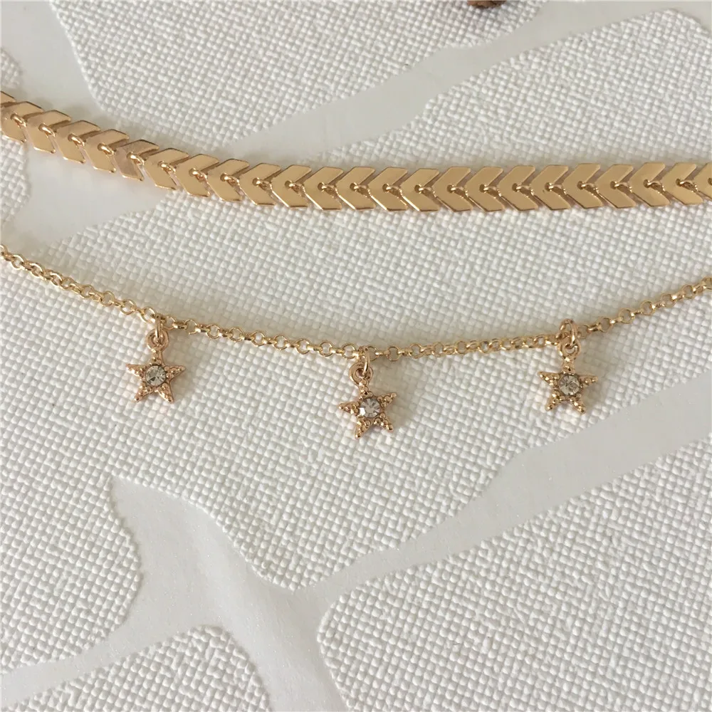 Trendy Gold Color Horn Cubic Bead Strand Natural Sea Shell Drop Layered Cord Chain Colorful Star Tassel Anklet Or Bracelet