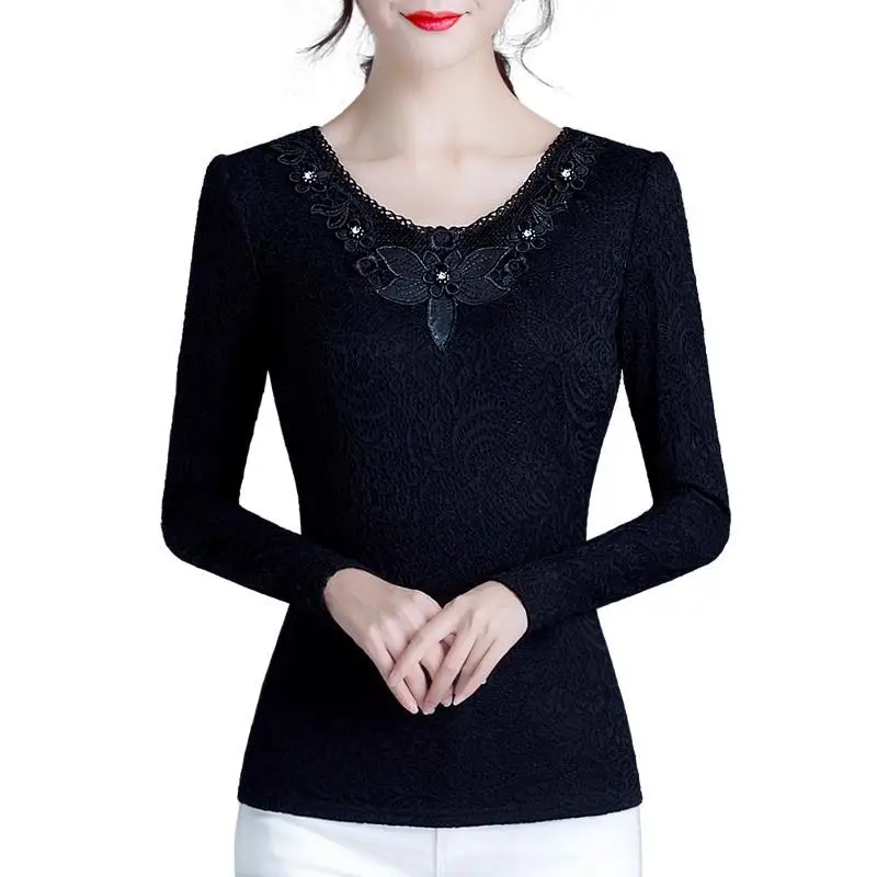 Women's Spring Autumn Style Blouses Shirt O-neck Rivet Bead Solid Color Long Sleeve Korean Elegant Slim Tops DD8602 | Женская одежда