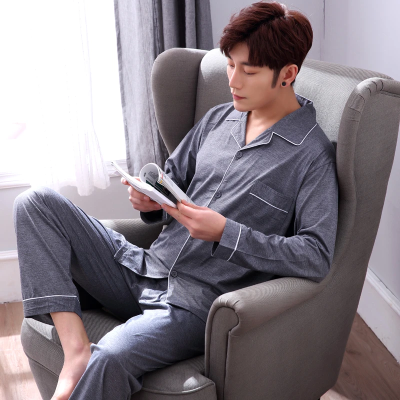 Осенние и зимние мужские пижамы, Корейская одежда для сна, мужские свободные хлопковые кардиганы, Мужская домашняя одежда, верхняя одежда - Цвет: 1327 Dark gray
