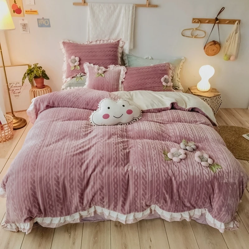 Бархатная плюшевая мягкая теплая кровать пододеяльник простыня набор цветов Розовый Серый комплект постельного белья для девочек Женский Зимний Королевский размер 4 шт
