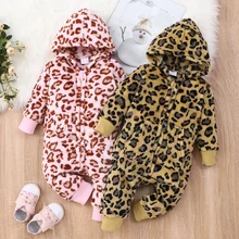 Barboteuse pour bébé 0 18M, vêtements d'hiver, imprimé léopard, combinaisons à capuche et manches longues, épais, pour garçon et fille, offre spéciale