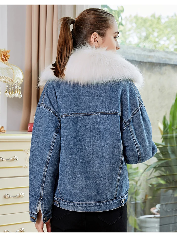 Женская джинсовая куртка с начесом LEIJIJEANS, теплая модная куртка из денима с пристежным белым меховым воротником, новая модель большого размера на зиму