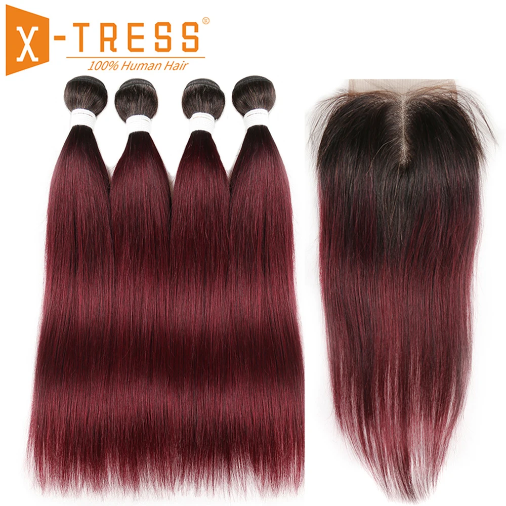 

Brazilian Straight Human Hair Weave Bundles 3/4 PCS With Lace Closure X-TRESS Ombre 99J/Burgundy Red Color Non Remy Hair Weaving