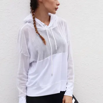 

Ladies Sports Yoga Hoodies Hollow Fitness Running Long Sleeve Mesh Breathable Loose Hooded Women Workout Top