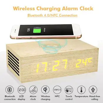 

Wooden Wood Digital NFC bluetooth Speaker Qi Wireless Charger Snooze Alarm Clock Thermometer Touch Control For iPhone Android