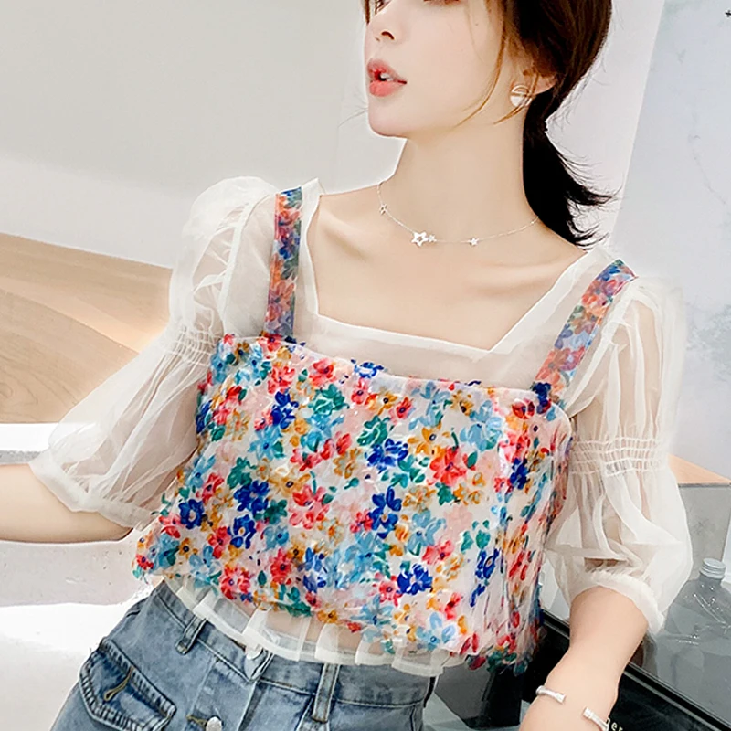 

Sequin Multicolor Sling Fake two pieces 2020 Summer New Chiffon Shirt Women Clothing Girl Half Sleeve Fashion Blouses Shirt 82H