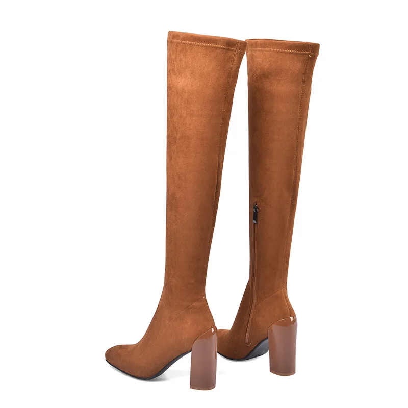 Новые женские сапоги выше колена из флока пикантные осенние женские сапоги на высоком каблуке со шнуровкой зимние женские сапоги размеры 34-43