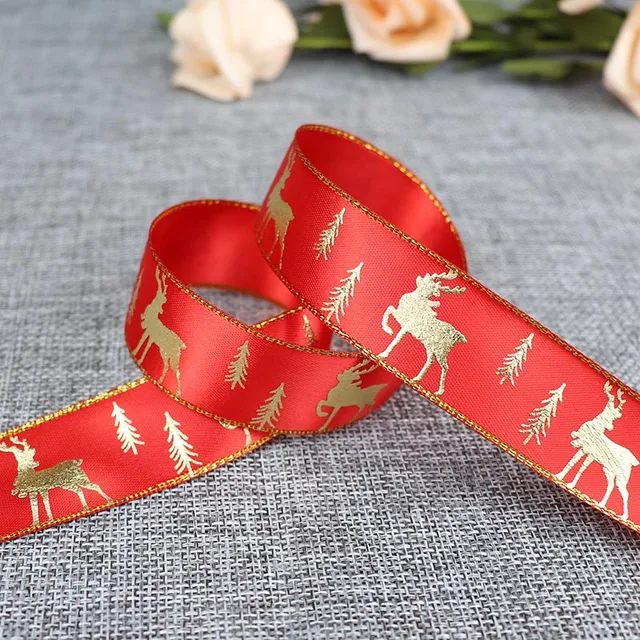 5 Yards 25mm Bronzing Christmas Ribbon Printed Polyester Ribbon For Christmas Decoration Gift Wrapping DIY Sewing Fabric B4 Red