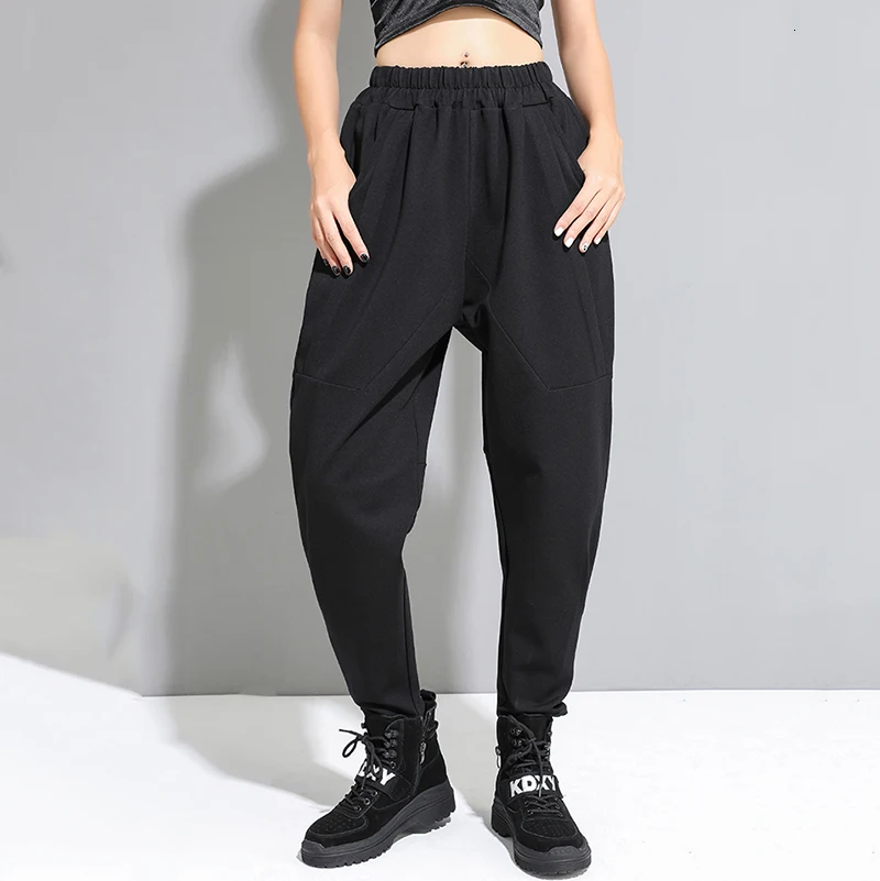 [EAM] Высокая Эластичный Талия черный досуг длинные шаровары Новые свободные брюки женские модные весенне-осенние 2019 1D678