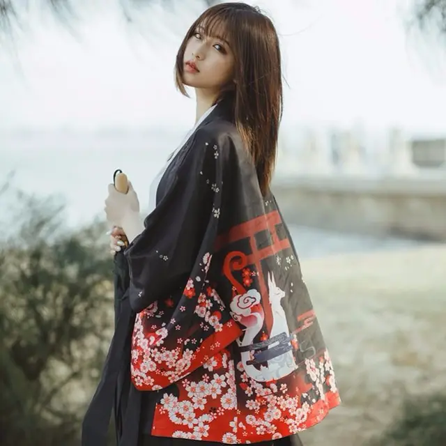 Anime Printing Japanese Kimomo Traditional New Thin Loose Cardigan Kimono Women Plus Size Causl Coat Top Sunscreen Clothes Black