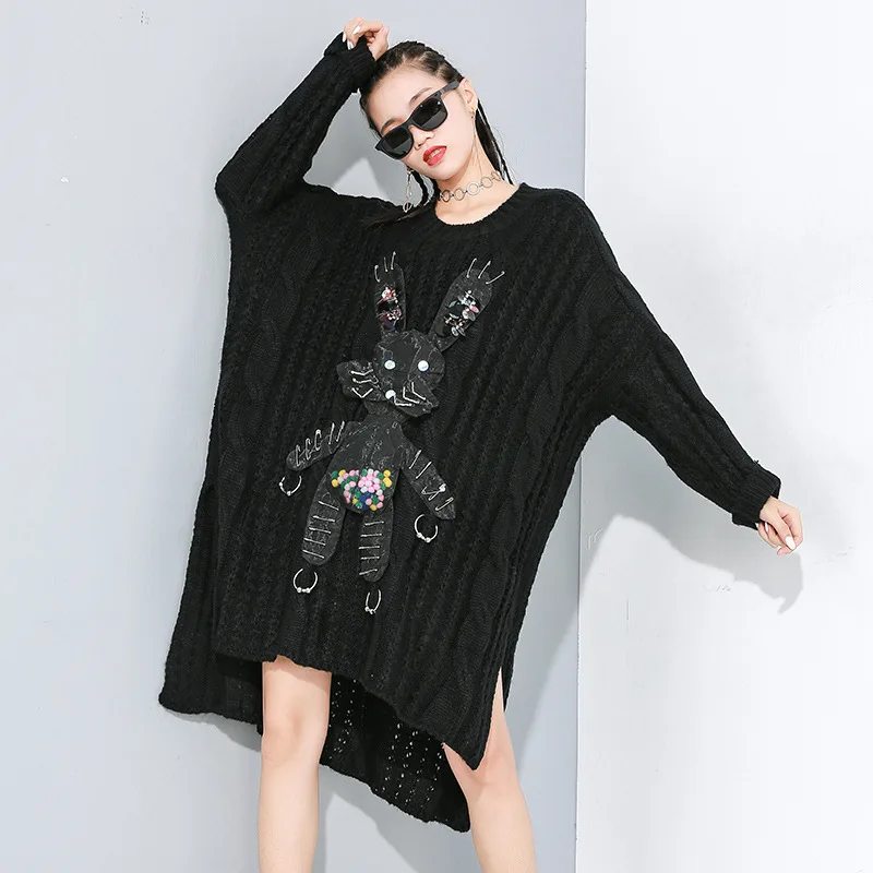 

LANMREM Solid Color Pullover Sweater Women Streetwear Loose Big Size Irregular Kint Dress Removable Doll 2020 New Spring PC743