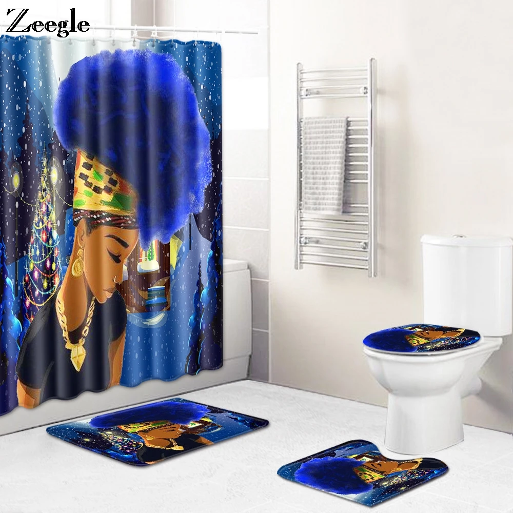 Zeegle Bath Mat and Shower Curtain Set Waterproof Bathroom Shower Curtain Anti-slip Toilet Pedestal Rug Toilet Cover Seat Mat