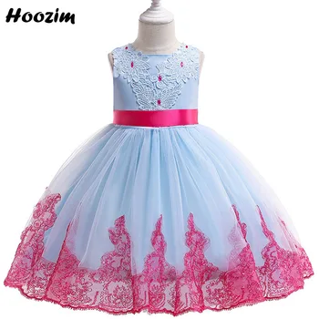 

Bule Rhinestone Pegeant Prom Ball Gown Dresses Girls 2-9 Years Embroidery Flower Sequin Fluffy Mid Calf Evening Party Dress Kids