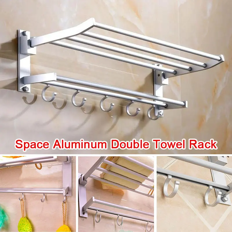 Foldable Convenient Storage Rack Double-Layer Hook Decor Bathroom Towel Rack Multifunctional Punching Commodity Shelf Toilet