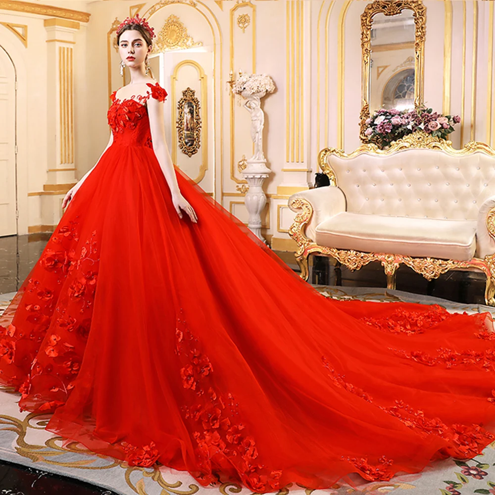 Vestido De Noiva Princesa изготовление на заказ Бисероплетение аппликации цветы Великолепный красный бальное платье Свадебные платья плюс размер Hochzeitskleid
