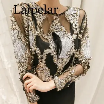 

Brand famous 2020 women crystal Blouses sexy lace beads autumn winter top and shirts blusa femme camisa wholesale