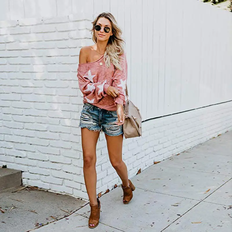Sexy Off Shoulder Knitted Sweater Woman Autumn Streetwear Casual Loose V-Neck Stars Long Sleeve Print Pullover Large Size Tops (7)