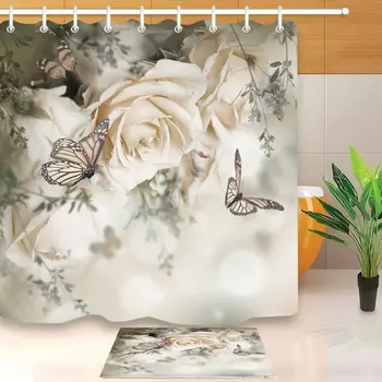 

White Rose Fabric Shower Curtain Unique Bathroom Custom Decor Hooks
