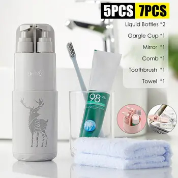 

Portable Travel Toiletry Organizer Storage Box Set with Wash Cup Mini Mirror Comb Liquid Dispensing Bottles Towel Toothbrush