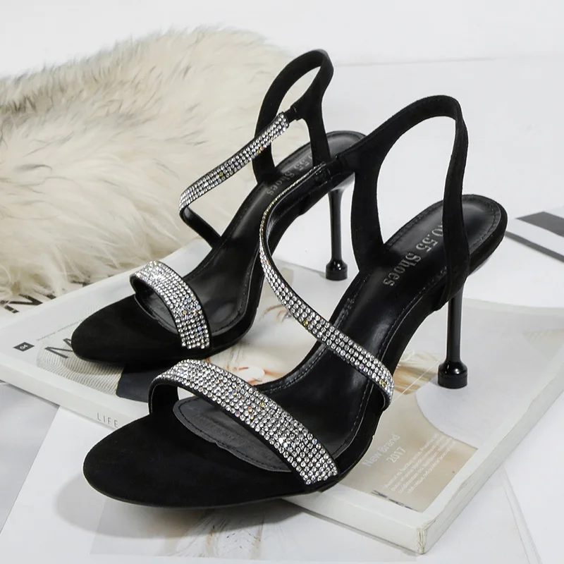 Женские босоножки; коллекция года; Летние пикантные женские туфли на высоком каблуке с открытым носком; туфли на шпильке со стразами; туфли с закрытым носком; bayan ayakkabi; № 55 - Цвет: Черный