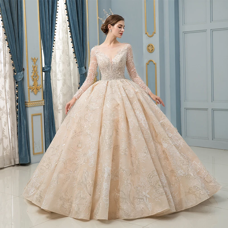 DressbLee Новое поступление роскошное свадебное платье кружевное вышитое кристаллами полные Свадебные платья с бисером свадебное платье с длинным шлейфом - Цвет: Champagne