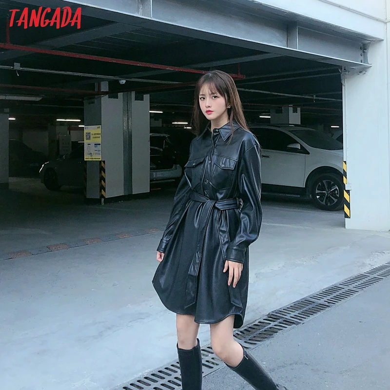 Tangada женское платье-рубашка из искусственной кожи с поясом и длинным рукавом в стиле ретро элегантное женское черное мини-платье vestido JE110