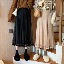 Модная юбка в стиле ретро для женщин; осенняя и зимняя одежда; однотонная плиссированная юбка в сеточку; цветная юбка миди; женские бархатные юбки