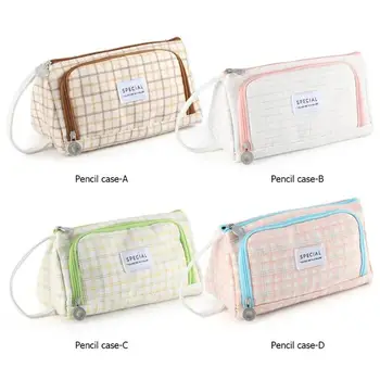 

Multifunction Canvas Stationery Candy-colored Cotton Hemp Easy to Clean Large Capacity Bags Simple Lattice Cosmetic Box