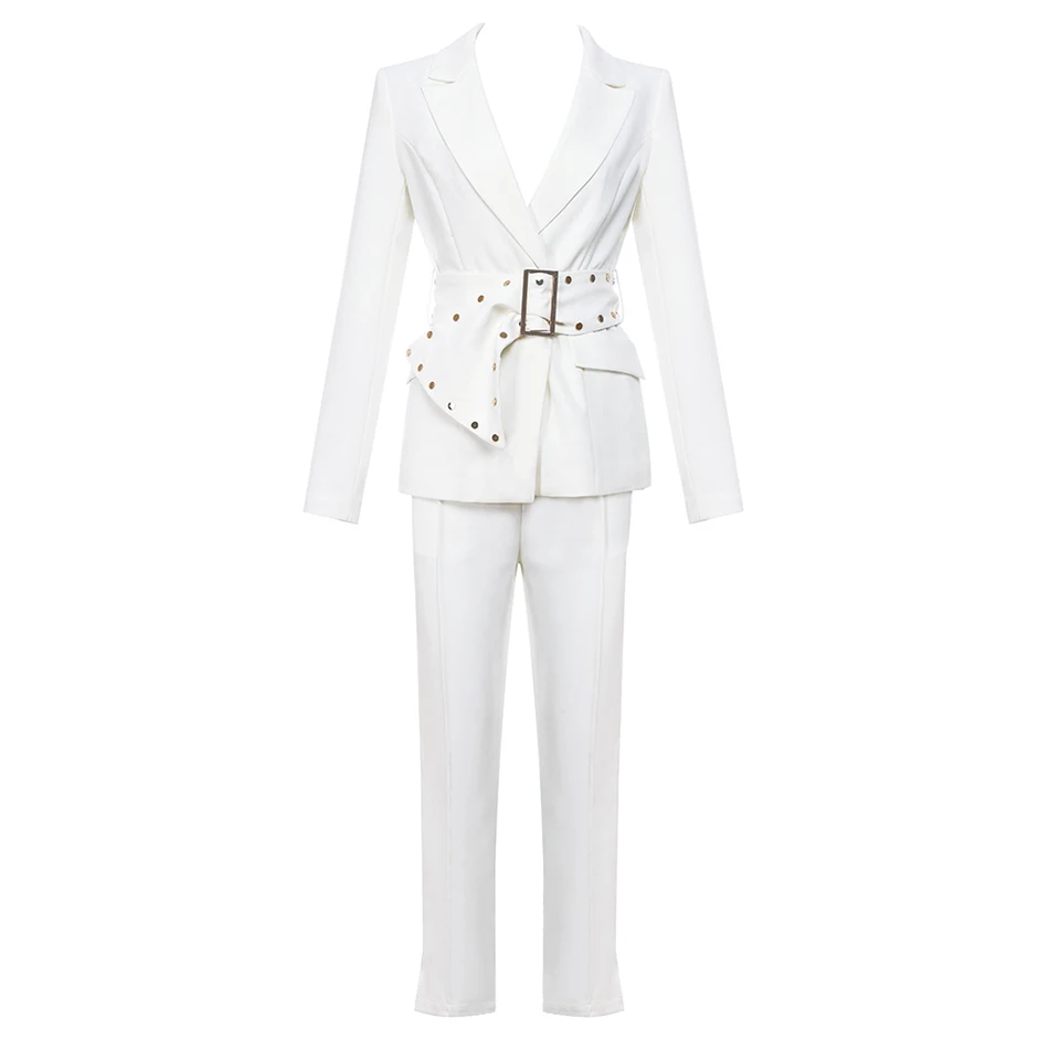 Amily.c2019 Autumn Ladies Belt Rivets 2 Pieces Two Long Sleeve Suits Ol Bodycon Sexy Bodycon Celebrity Club Party Set