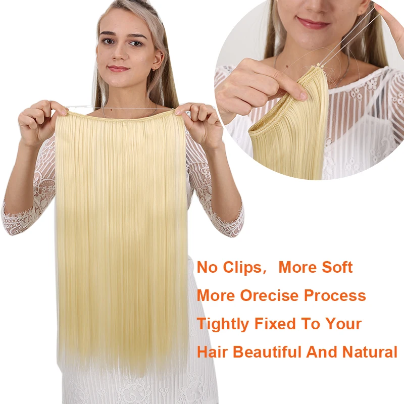 MANWEI24 inches Natural hair Invisible Wire in Synthetic Hair Extensions No Clip with Secrect Line Easy Attach halo hair hair extensions,clip in hair extensions
