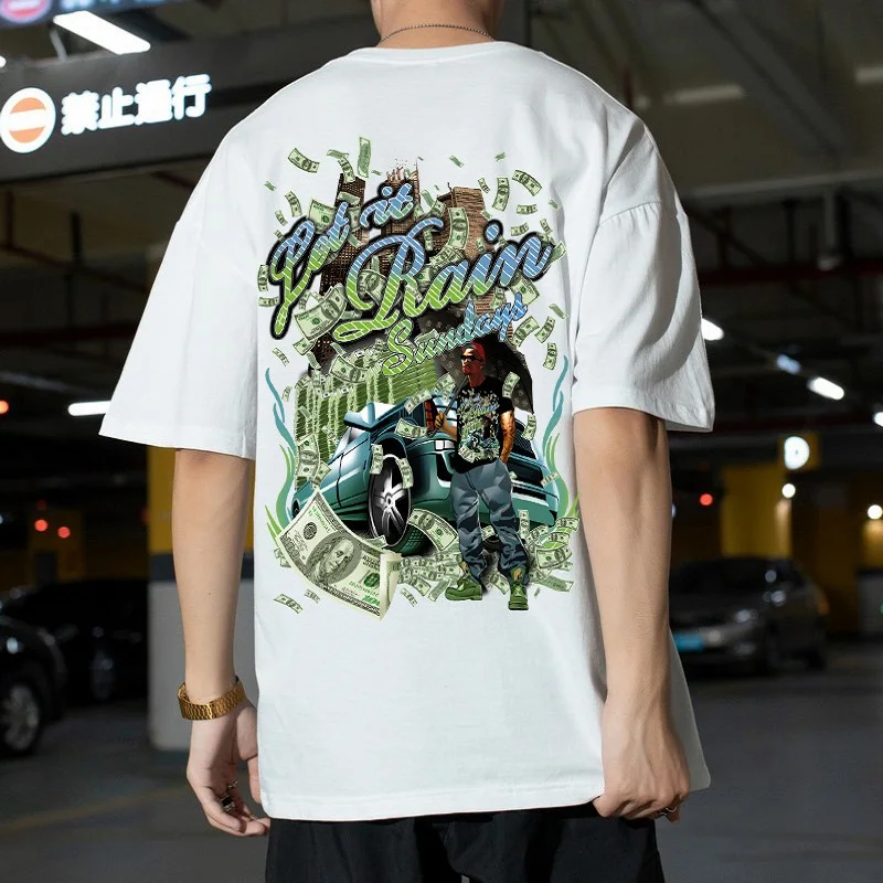 

100% Cotton Trend Printing Top Short-sleeved T-shirt Men's Shirt Loose Street Oversized T-shirt Five-point Sleeve Half Sleeve