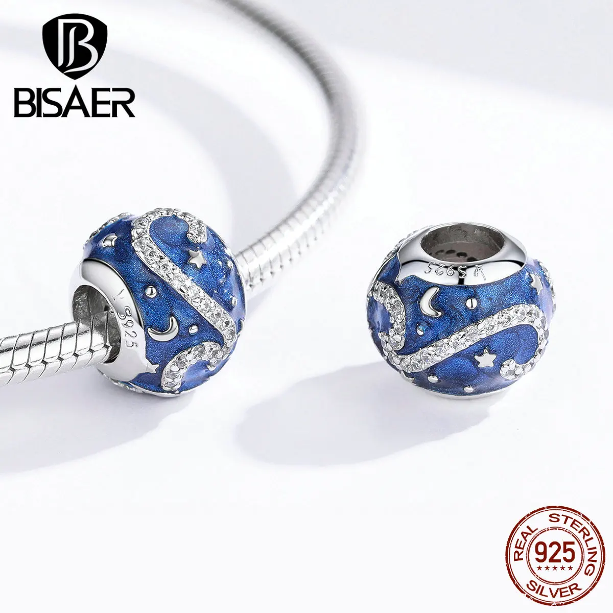 Star BISAER, 925 пробы, серебряные, Звездные, металлические бусины, синяя эмаль, кубический циркон, бусины, подходят для женщин, браслеты, сделай сам, ювелирные изделия ECC1387