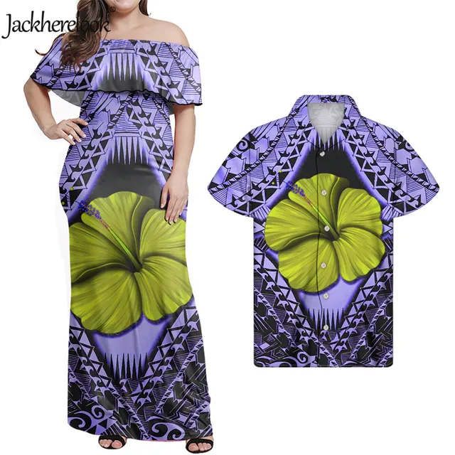 Jackherelook Womens Vintage Maxi Dresses Samoan Hibiscus Polynesian Tribal Brand Design Summer Unisex Clothes Off Shoulder Dress Khaki