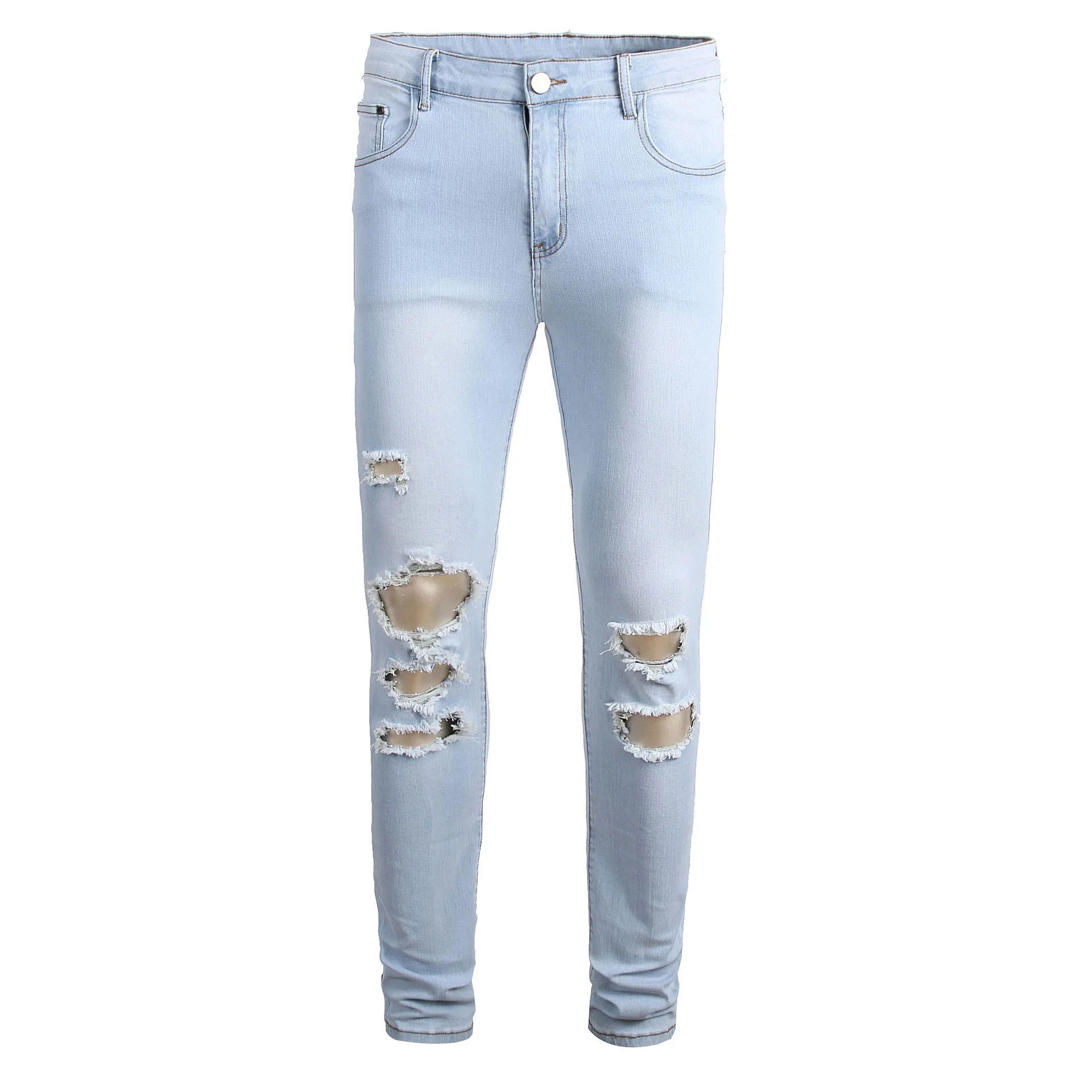 

2020 Men'S Wear with Holes Elasticity Jeans Light Color Multi-with Holes Slim Fit MEN'S Jeans