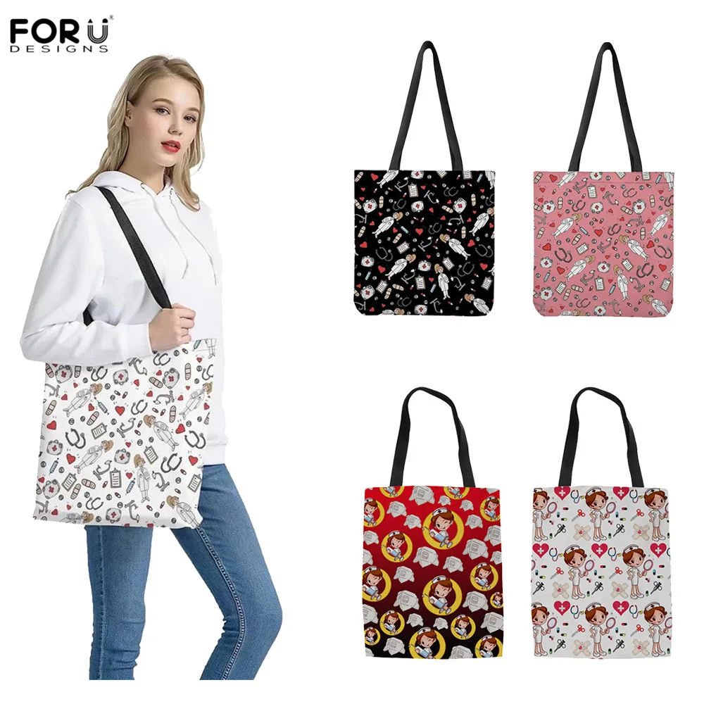 FORUDESIGNS-Bolso de lino ecológico para mujer, bolsa de lona con diseño de enfermera de dibujos animados, Chica adolescente