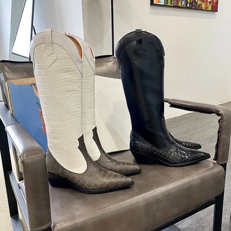Botas vaqueras de piel auténtica para mujer, botines estilo Chelsea con  punta en pico, de diseñador Vintage, tacón de bloque, hasta la rodilla|Botas  hasta la rodilla| - AliExpress
