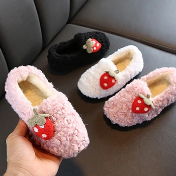 

winter strawberry fur shoes plus velvet children peas shoes warm baby first walker shoes girls princess warm cotton shoes 9Color